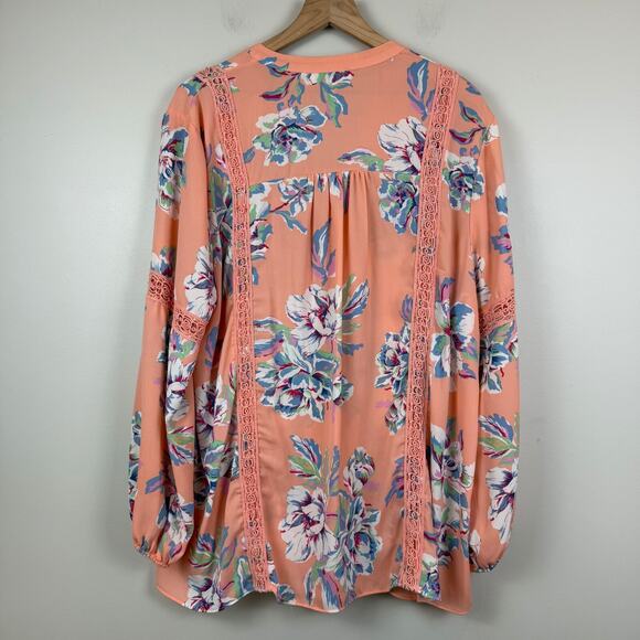 Moa Moa Top Women 2X Peach Floral V-Neck Long Sleeve Blouse Cottage Crochet Trim - Picture 7 of 9